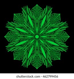 Mandala. Green round ornament pattern on black background.