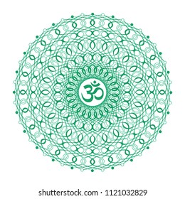 Mandala in green tones with the Aum / Om / Ohm sign. Openwork ornament. Vector drawing.