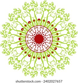 The Mandala of green trees and leaves is designed in a Circle. Natural ornament.