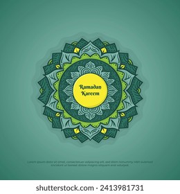 Mandala in hand drawn design with green background design for ramadan kareem campaign