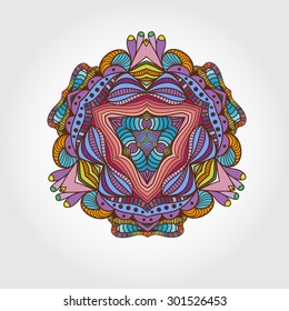 Mandala hand drawn multicolored element. Vintage circle floral elements. Islamic, Arabic, Indian, Asian culture element. Can be used for logo.