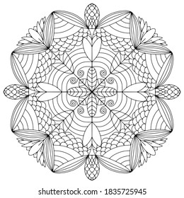 Mandala hand drawn and traced. Outline vector illustration isolated on white background. Coloring page for adults and kids. Tattoo template. Design element for cards and invitations.
