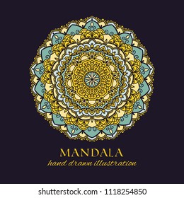 Mandala hand drawn vector illustration. Yellow and blue decorative ethnic ornament. Oriental design element