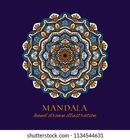 Mandala hand drawn vector illustration. Orange and blue circle decorative ethnic ornament. Oriental round frame design element