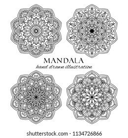 Mandala hand drawn vector illustration set. Black and white ornate traditional design elements. Decorative round frames for chilren and adult coloring books