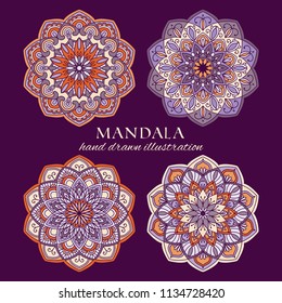 Mandala hand drawn vector illustration set. Purple, orange and beige ornate traditional design elements. Decorative round graphic frames for web, prints and home decor