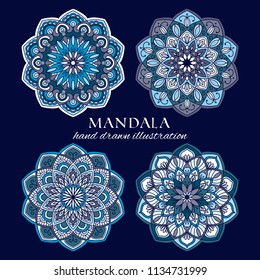 Mandala hand drawn vector illustration set. Blue ornate traditional design elements. Decorative round graphic frames for web, prints and home decor
