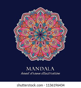 Mandala hand drawn vector illustration. Dark blue, pink and yellow round tribal decorative ethnic ornament. Oriental design element