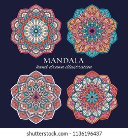 Mandala hand drawn vector illustration set. Blue, orange and pink ornate traditional design elements. Decorative round graphic frames for web, prints and home decor