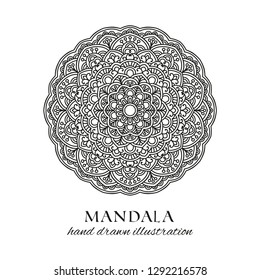 Mandala hand drawn vector illustration. Black and white anti stress decorative ethnic ornament. Geometric ornate design element
