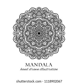 Mandala hand drawn vector isolated illustration. Black and white anti stress decorative ethnic ornament. Oriental design element for coloring