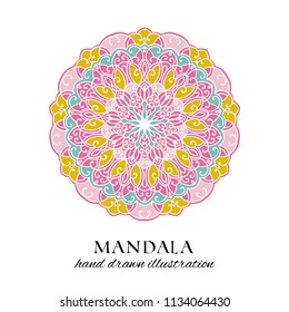Mandala hand drawn vector isolated illustration. Pink, yellow and blue decorative ethnic ornament. Oriental design element