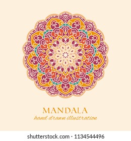 Mandala hand drawn vector isolated illustration. Orange, purple and blue decorative ethnic ornament. Oriental design element
