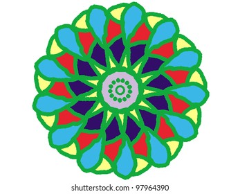Mandala hand-painted. Fragmented geometrical art form encompassing abstract shapes, brilliant colours and surreal images.