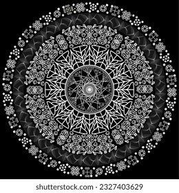 Mandala de curvas y líneas armónicas con líneas blancas y fondo negro.