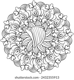 Mandala with harp and shamrock, fantasy coloring page vector illustration for St. Patrick's Day for creative activity or design