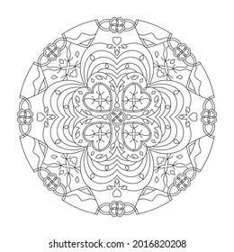 Mandala. Coeur et trèfle à quatre feuilles. Page de coloration anti-stress. Art Therapy. Illustration vectorielle noir et blanc.