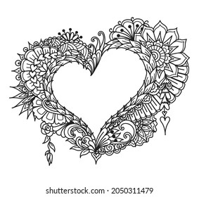 Mandala heart shape frame for printing, engraving or coloring book. Vector illustration