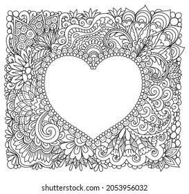 Mandala heart shape frame for printing, engraving or coloring book. Vector illustration