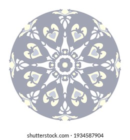 Mandala with hearts and candles. Pattern. Blue jean color, pale yellow and white. Pastel colors. Transparent background. Vector.