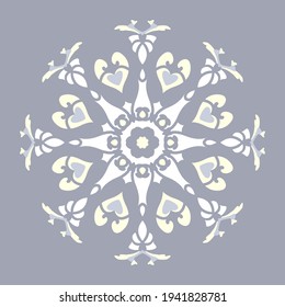 Mandala con corazones y velas. Patrón. Color jean azul, amarillo pálido y blanco. Colores pasteles. Vector.