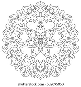 Mandala with hearts for coloring book. Circular symmetrical pattern