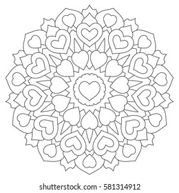 Mandala with hearts. Coloring book Page for adults