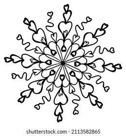 Mandala with hearts Coloring book. Vector Outline circle Decorative Ornament. Design for Valentine's day, t-shirt, pattern, sticker, greeting card.