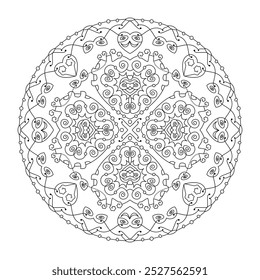 Mandala. Corações. Colorindo página. Arte-terapia.