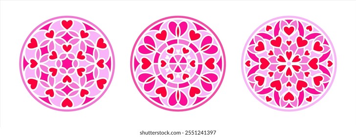 Mandala with hearts illustrations collection, circle shape, stylized stained glass window vector ornament, tracery. Round frames set, radial Valentine's day templates. Mosaic decoration, background