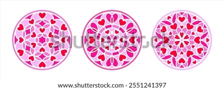 Mandala with hearts illustrations collection, circle shape, stylized stained glass window vector ornament, tracery. Round frames set, radial Valentine's day templates. Mosaic decoration, background