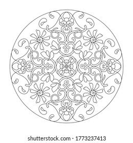 Mandala with hearts, interlaced spirals, flowers and birds. Art therapy, coloring page for anti-stress. illustration vector.	