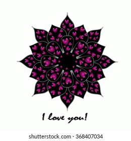 Mandala with hearts on Valentine's Day card. Vector illustration of beautiful flowers for a declaration of love. 