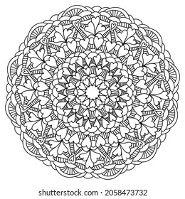 Mandala with hearts and ornate patterns, meditative coloring page for Valentines day