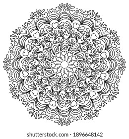 Mandala with hearts and patterns in the form of drops, antistress coloring page for Valentine's day illustration