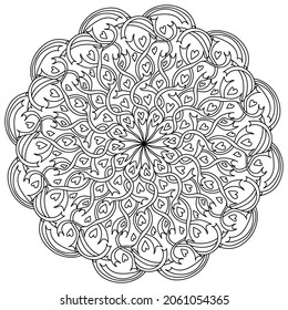 Mandala with hearts, ribbons and ornate patterns, meditative coloring page for valentines day vector illustration