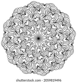 Mandala with hearts, spirals and ornate patterns, meditative coloring page for valentines day vector illustration