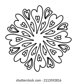 Mandala con corazones. Contorno de vectores С ornamento decorativo de círculo. Diseño para el día de San Valentín, camiseta, patrón, pegatina, tarjeta de saludo, página de color.