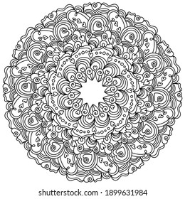 Mandala with hearts and zen swirls, anti stress coloring page for Valentine's day vector illustration