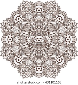 Mandala henna mehendi with the eye of providence inside. Isolated Vector illustration. Invitation element. Tattoo, astrology, alchemy, boho and magic symbol.