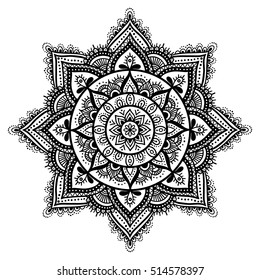 Mandala, highly detailed zentangle inspired illustration, ethnic tribal tattoo motive, black in on white isolated background. Adult coloring book page. Anti-stress illustration.