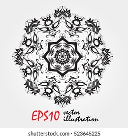 mandala, highly detailed zentangle inspired illustration, black and white. Coloring book antistress. Snowflake