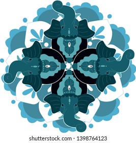 Mandala of Hindu Lord Ganesha over ornate colorful mandala. Vector illustration. Elephant design, boho pattern, psychedelic ornaments. Ethnic poster, spiritual art, yoga. Indian god Ganesha symbol. 