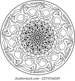 Mandala with hollow curves, snails and pendants for coloring.