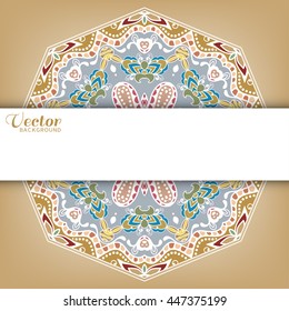 Mandala horizontal background with place for the text. Tribal ethnic ornament, arabic indian turkish pattern. Mandala flower decoration, oriental pattern. Vector geometric background.