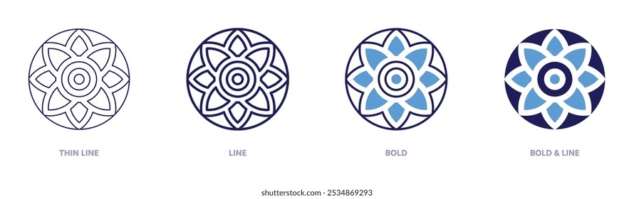 Mandala Icon in 4 verschiedenen Stilen. Dünne Linie, Linie, Fett und Fette Linie. Duotone-Stil. Bearbeitbarer Strich.