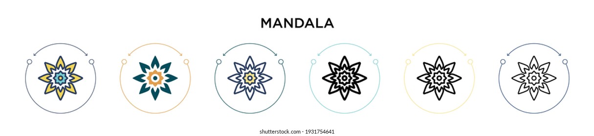 Icono de Mandala en estilo relleno, delgado, contorno y trazo. Ilustración vectorial de dos iconos vectores de mandala en color y negro se puede utilizar para móviles, ui, web