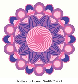 Mandala illusion. Magical Psychedelic aesthetic with swirling lines and shapes. Pink Mandala in the form of a flower, bright mandala in purple shades for creativity vector illustration. EPS 10.