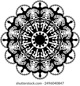 Mandala illustration, art, design, background, drawing, black and white, white, indian, meditation, round, flower, henna, doodle, abstract, black, graphic, vector, ornament, ornamental, book, line, te