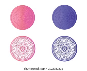 Mandala illustration. Colorful circular pattern in form of mandala in purple and pink gradients for Henna, tattoo, decoration. and coloring book page. ornament style isolated on white background.
